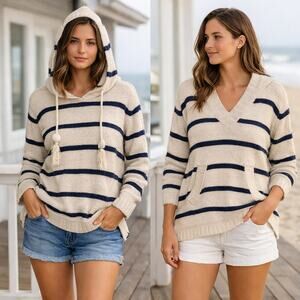 Faherty Women's Striped Knit Pullover Hoodie Beige Navy Cotton M Hooded